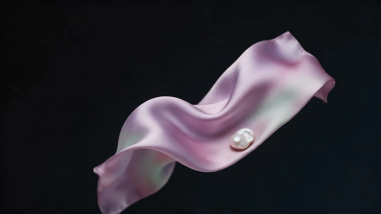 A pale lilac and rose satin scarf caught mid-air beside a single baroque pearl on a black ground