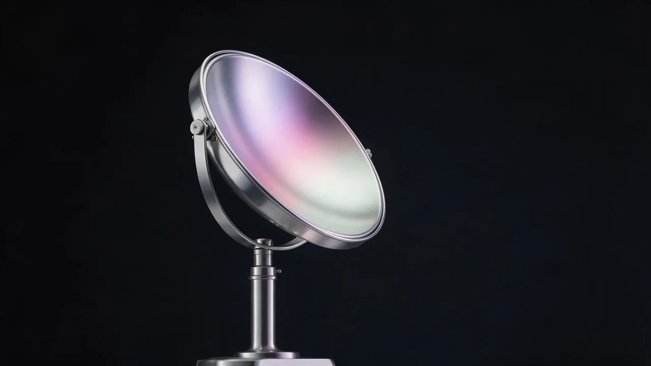 A round silver beauty-dish reflector on a stand glowing in soft lilac, rose and mint light against black