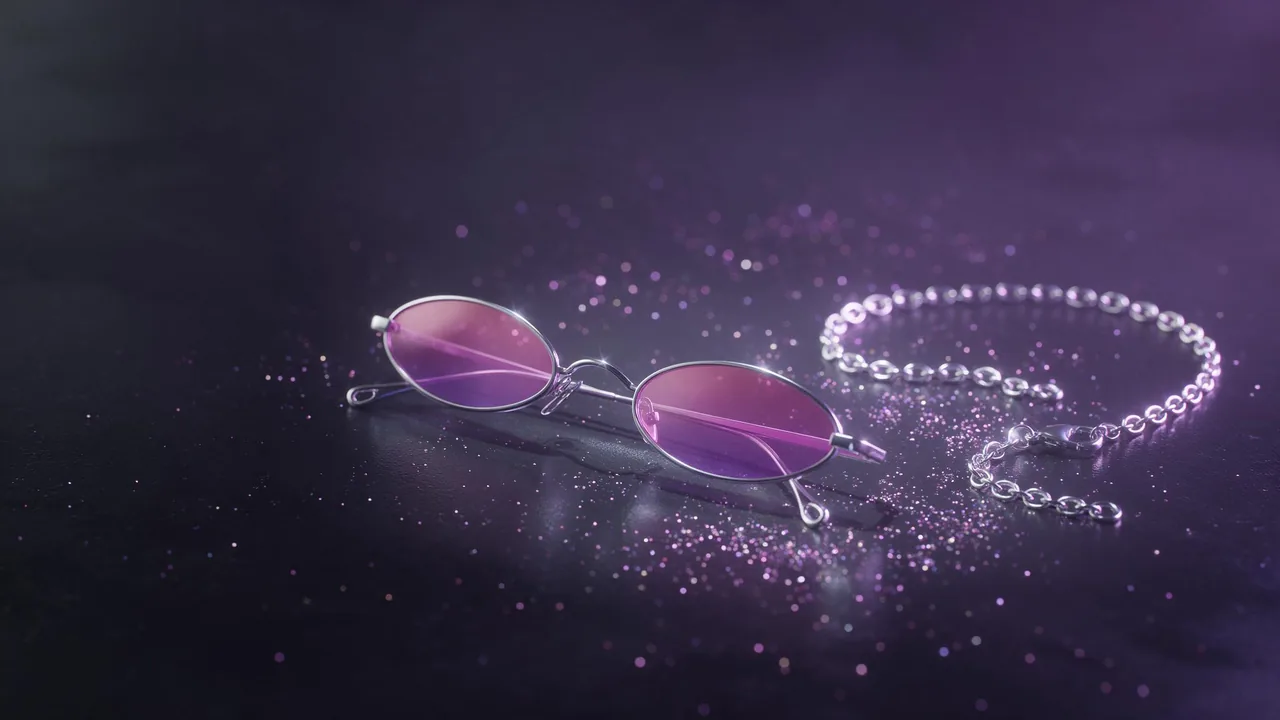 Eine kleine ovale Sonnenbrille mit dünnem Silberrahmen und rosa-violett getönten Gläsern auf einem dunklen, glänzenden Tisch, daneben eine eingerollte Silberkette und ringsum feiner violetter Glitzer, in einem weichen violetten Schein