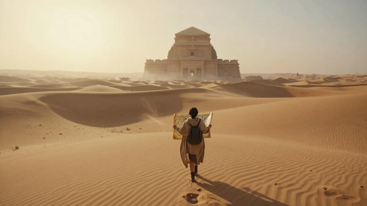 Happyhorse 1.0 Reference-to-Video: A lone female explorer wearing a sand-colored cloak walks across a vast desert at dawn, carrying an ancient ma