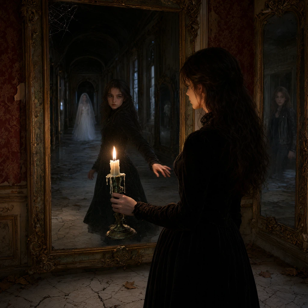 Qwen Image 3.0 Pro Text-to-Image: A young woman carrying a candle explores an abandoned palace at night. She enters a long hall of mirrors and n