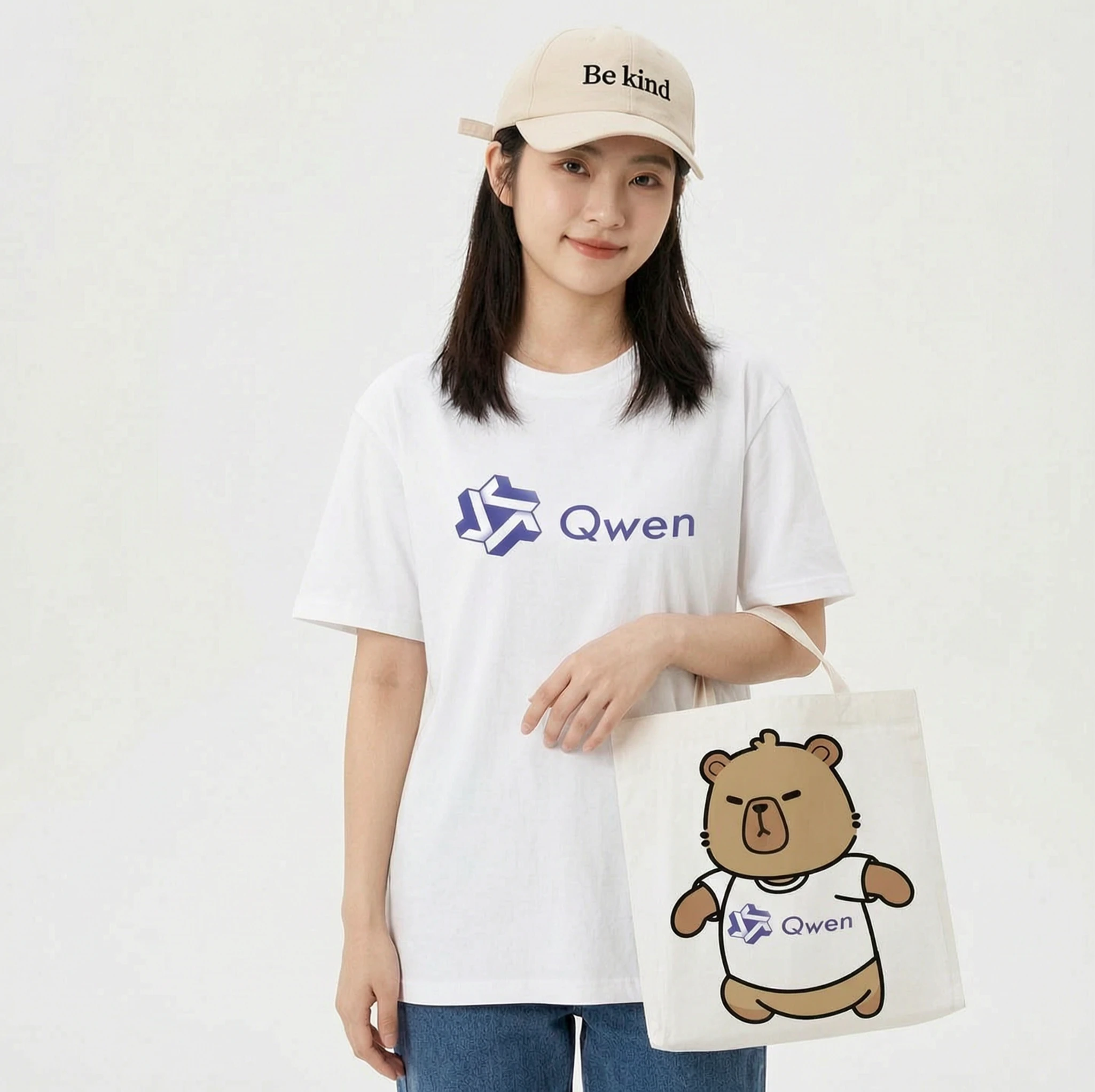 Wan 2.7 Image Edit Pro: Print this pattern on a T-shirt and a paper tote bag. A female model is showcasing these items. The girl is al