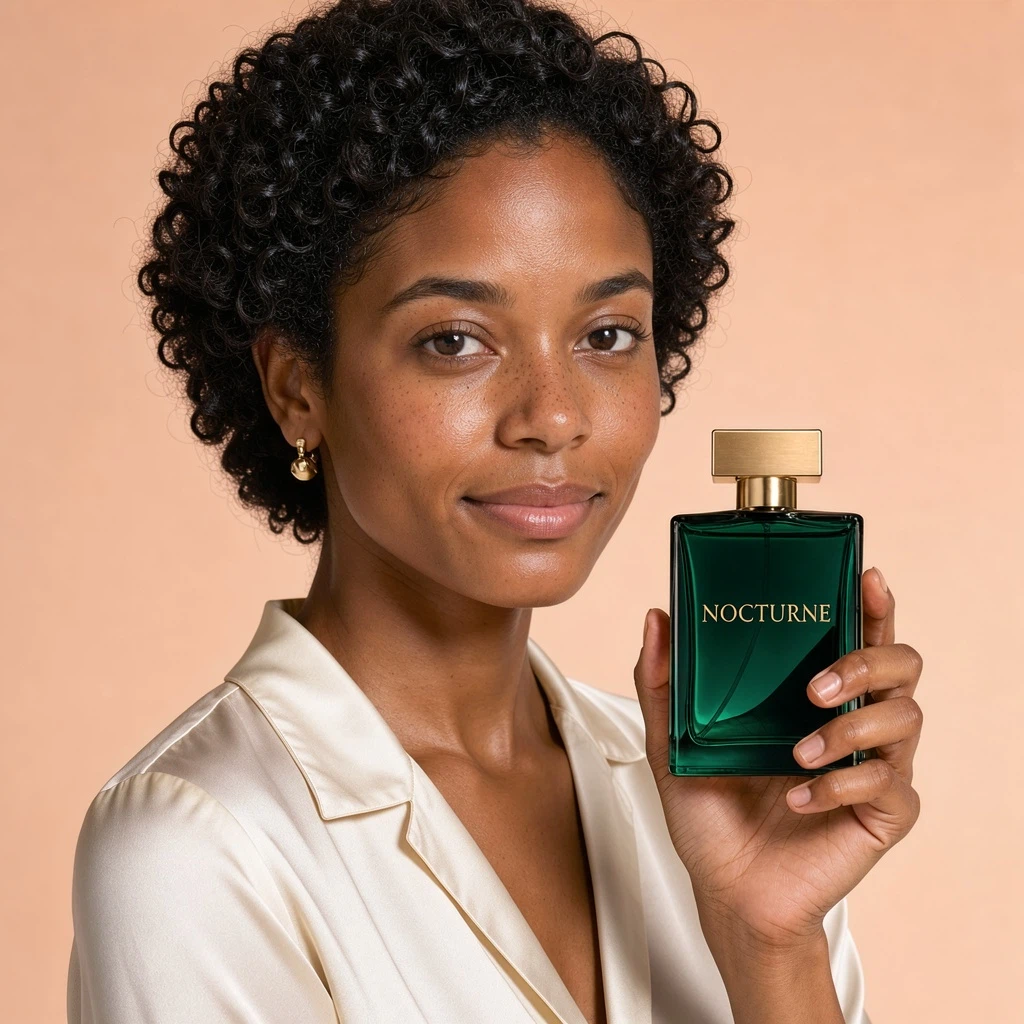 Flux 3 Image Edit: Redesign only the perfume bottle she is holding. Change it to deep emerald-green translucent glass with a brus