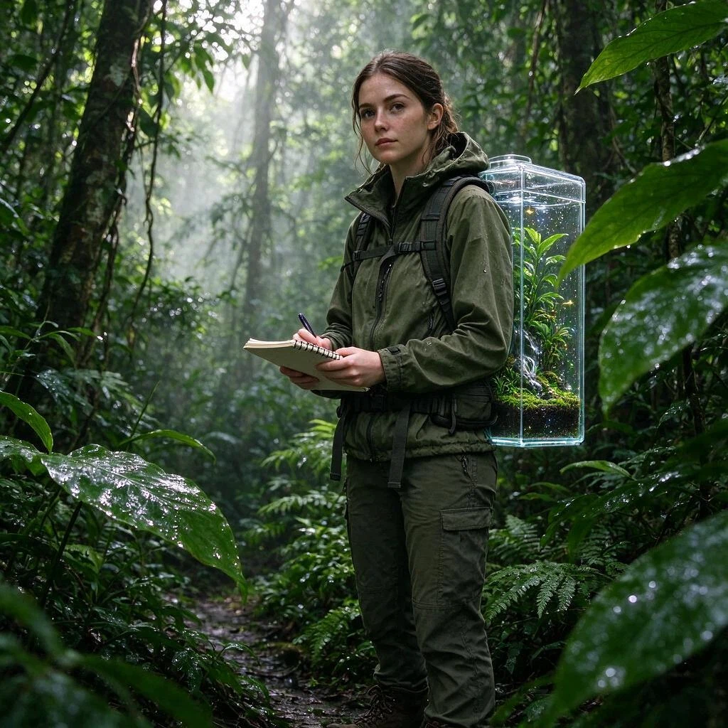 Seedream V5.0 Flash Edit: Transform her technical backpack into a transparent portable ecosystem chamber containing miniature tropical p