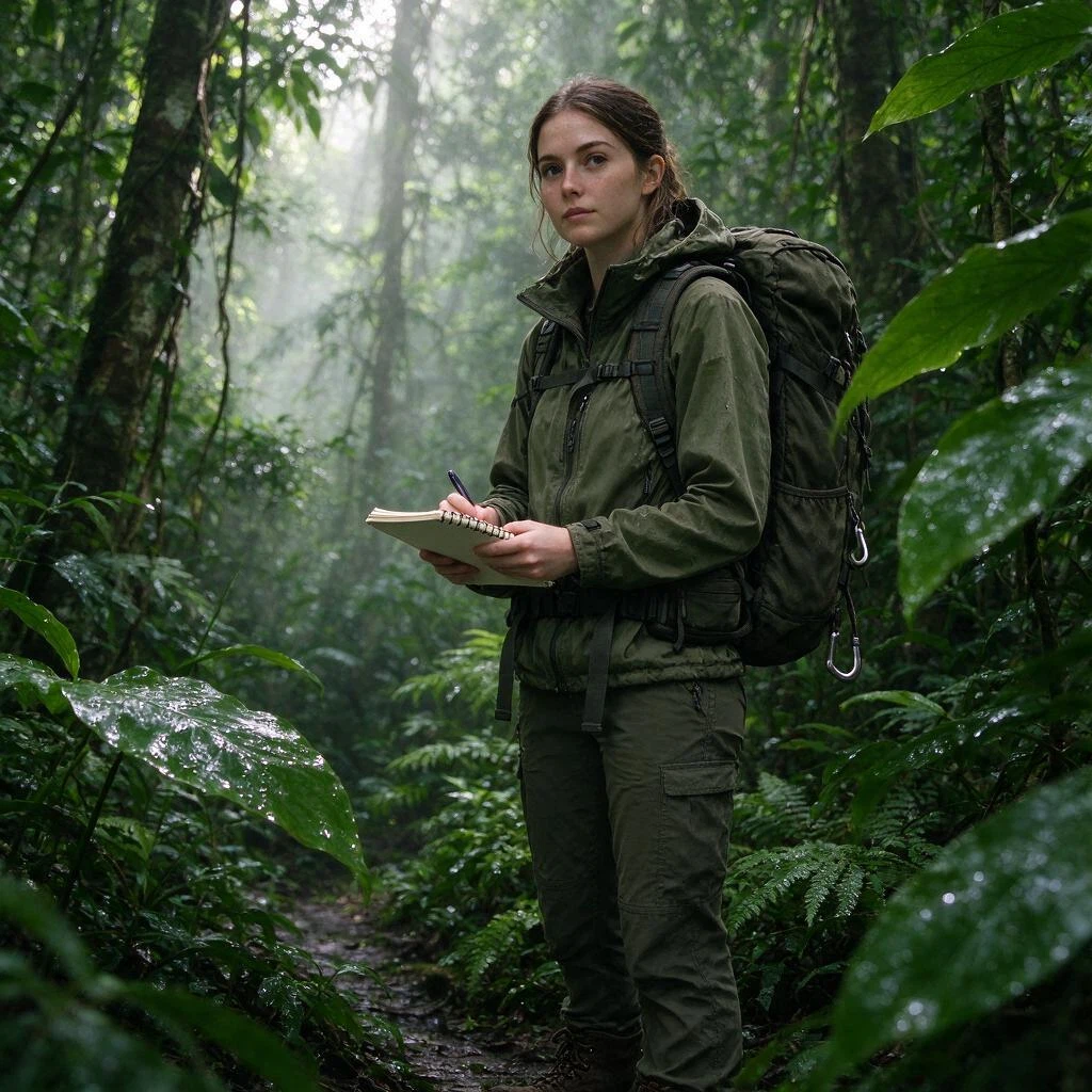 Seedream V5.0 Flash Edit: Transform her technical backpack into a transparent portable ecosystem chamber containing miniature tropical p