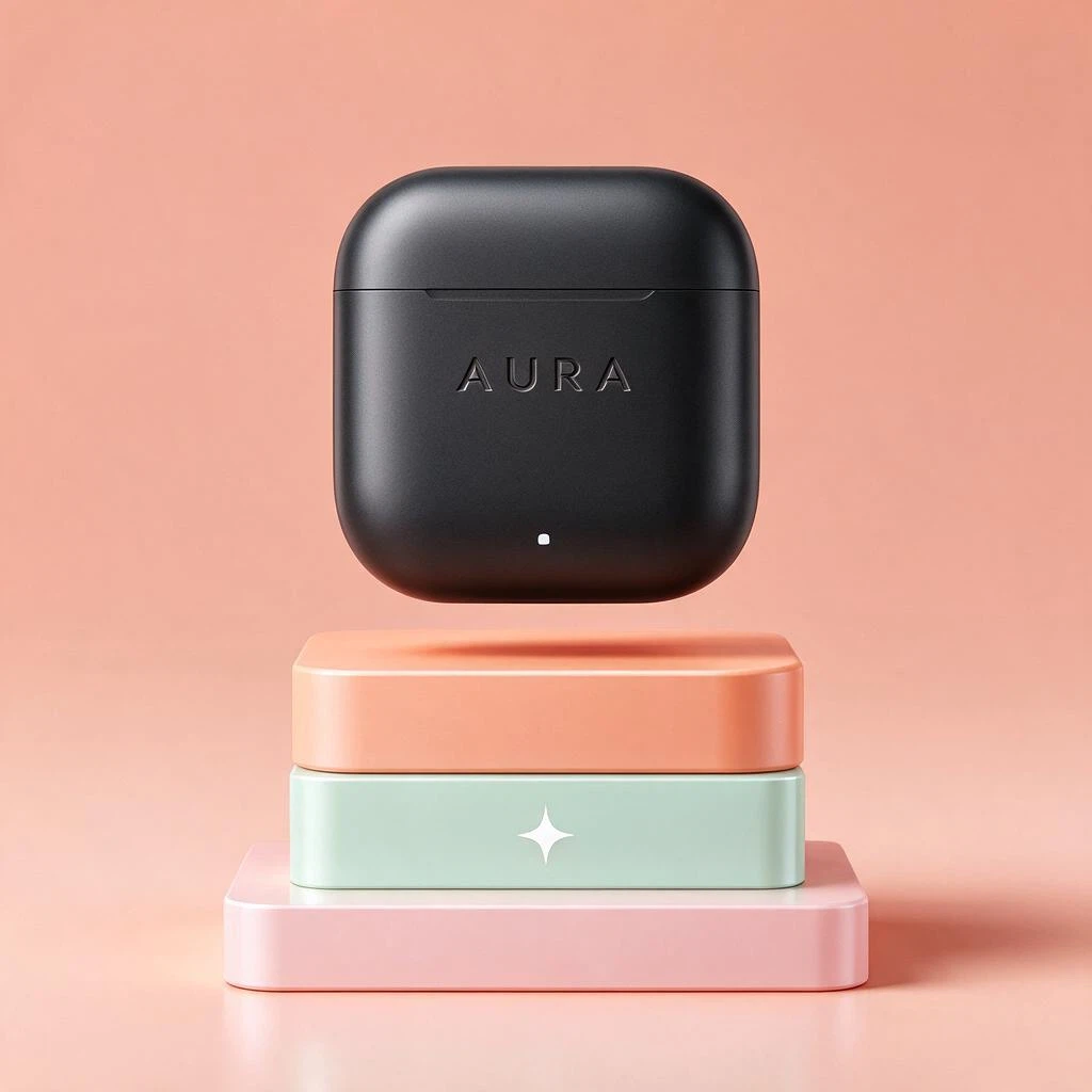Seedream V5.0 Flash: Studio product render of a matte black wireless earbuds case floating above stacked pastel pedestals, soft dif