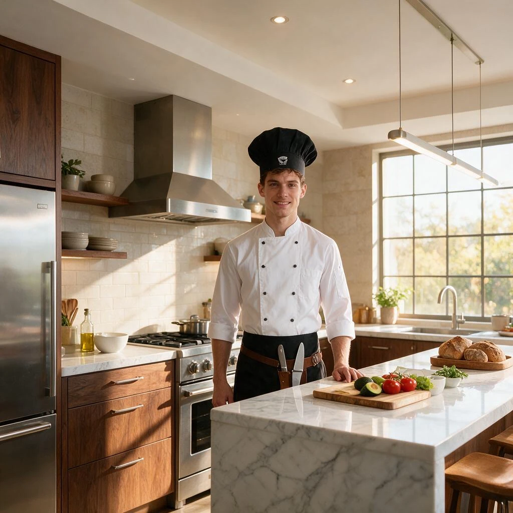 Seedream V5.0 Pro Edit: Transform this image into a premium kitchen appliance commercial. Preserve the chef's face, chef jacket, postu