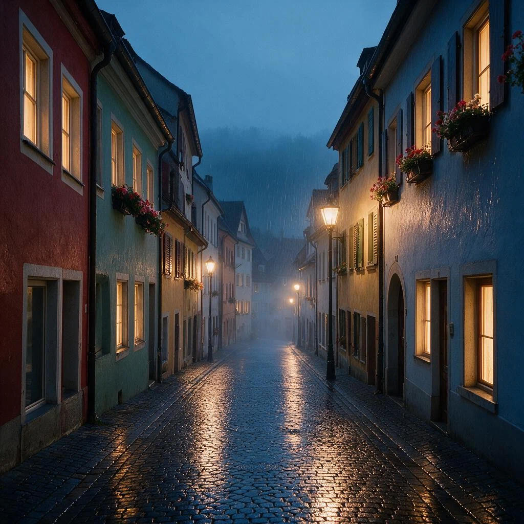 Seedream V5.0 Pro Edit: Turn this sunny old-town street into a rainy night scene. Keep the buildings, windows, flower boxes and perspe