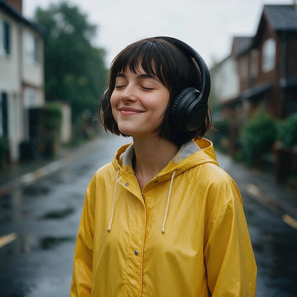 Seedream V5.0 Pro Edit: Create a premium lifestyle ad: the woman from Figure 1 wears the black over-ear headphones from Figure 2 and s