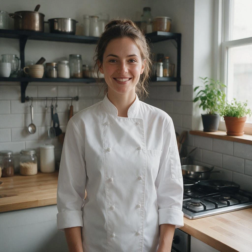 Seedream V5.0 Pro: A young foreign female chef standing in a simple kitchen, wearing a clean white chef jacket, friendly confiden