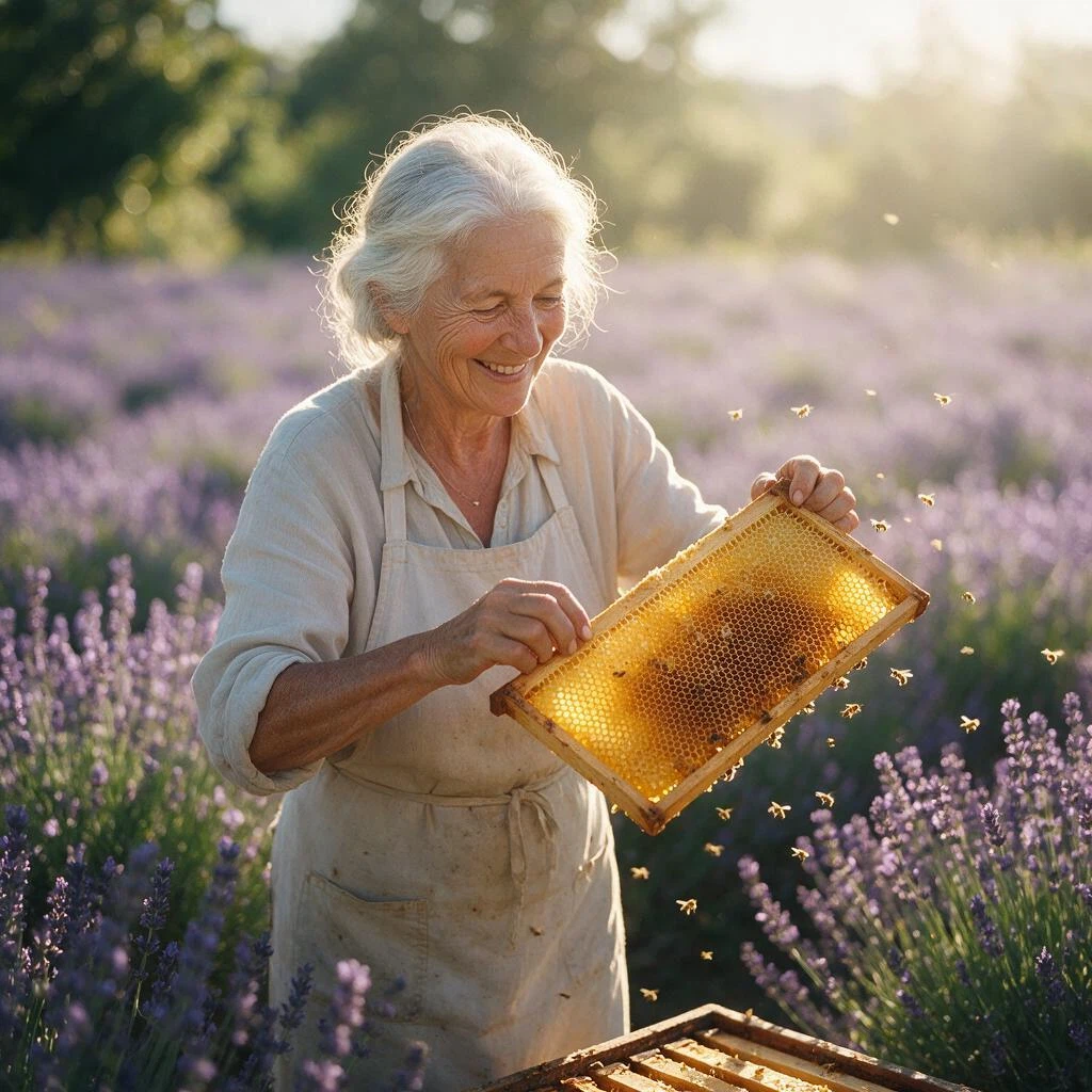 Seedream V5.0 Pro: An elderly woman beekeeper with silver hair and a warm smile inspecting a golden honeycomb frame in a sunlit l