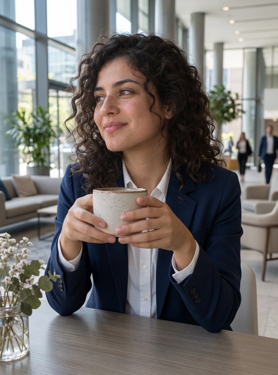 Nano Banana 2.1 Edit: Change her outfit to a tailored navy blazer over a white shirt and move her to a bright modern office lobby. K
