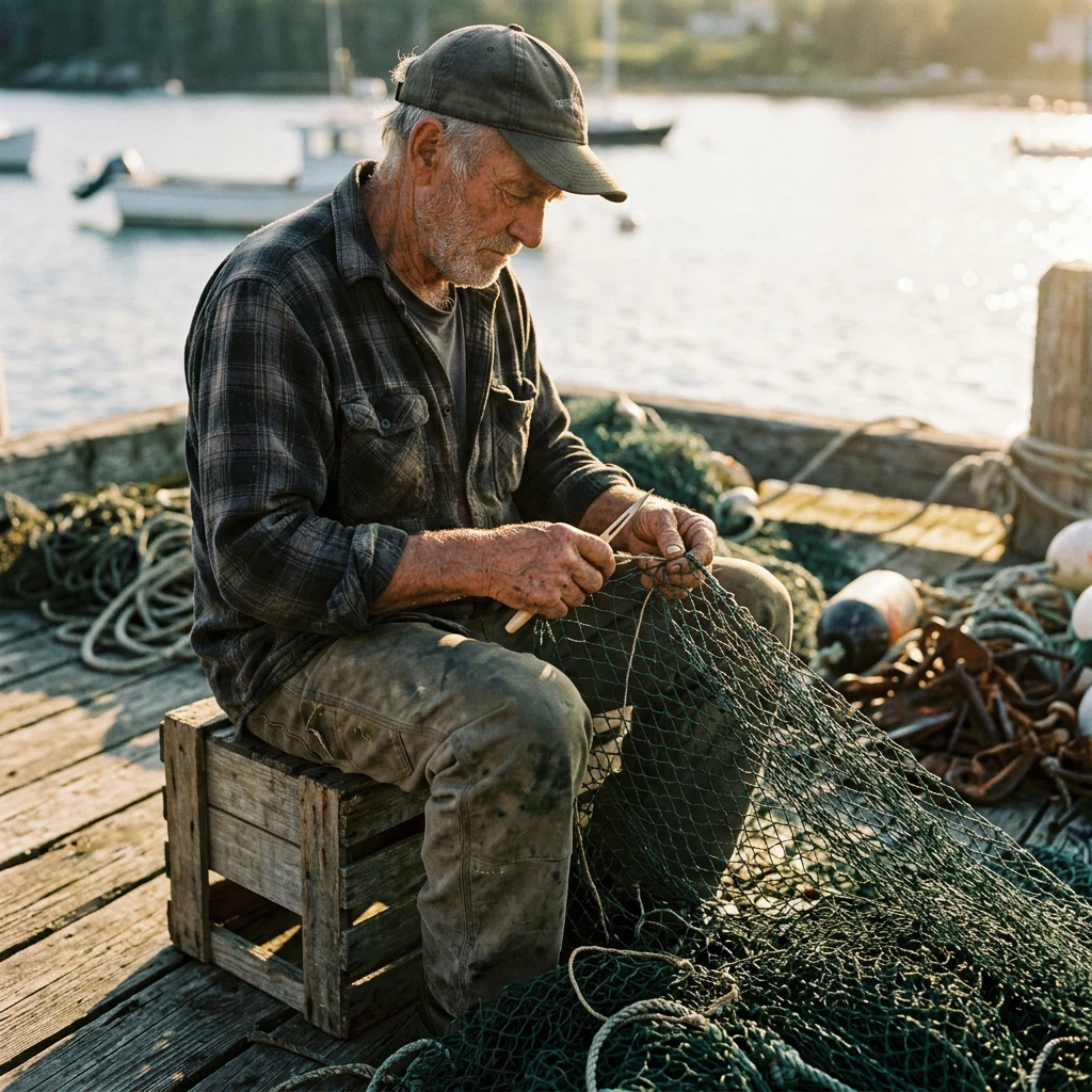 Nano Banana 2.1 Text-to-Image: Candid portrait of an elderly fisherman mending a net on a wooden dock at golden hour, weathered hands and fac