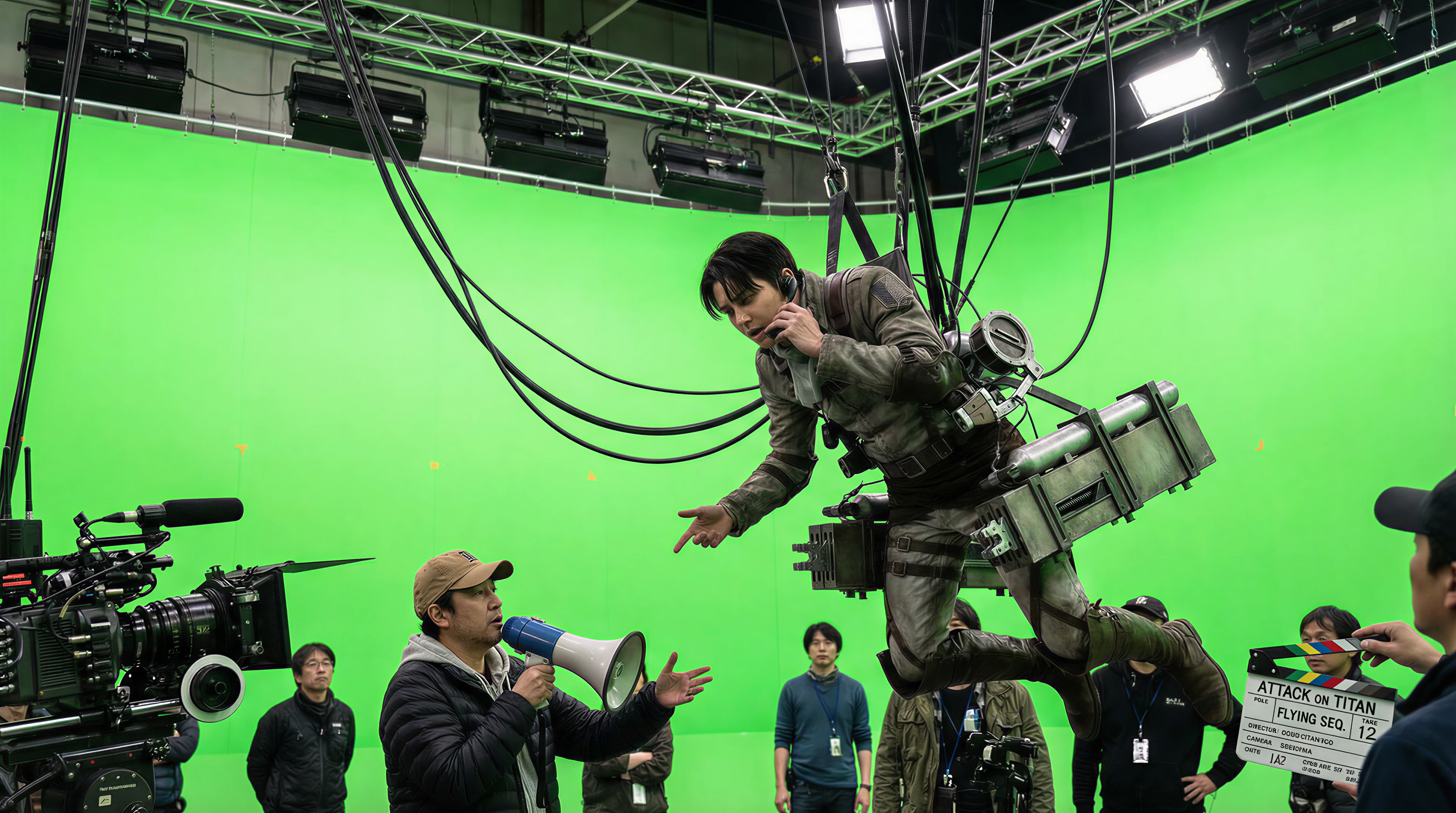 Nano Banana Pro Text-to-Image-Ultra: On-set documentary photo of filming a flying sequence. The actor playing Levi Ackerman is hanging upside down