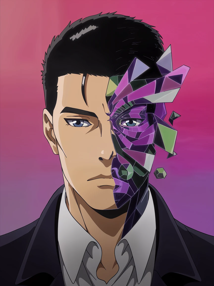 Ideogram V2 Turbo: Portrait of a man whose face is morphing into geometric shapes and fractals, modern art inspired, clean color 