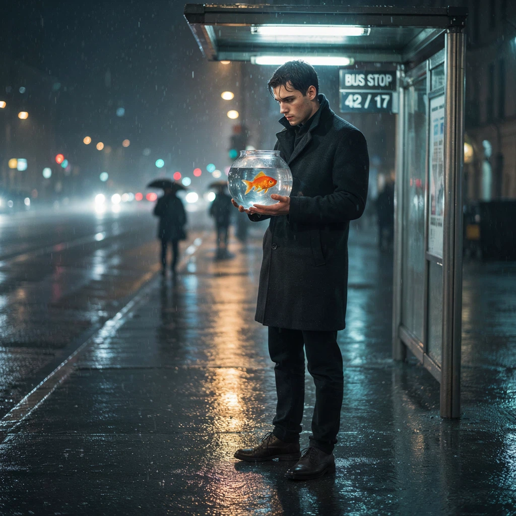 Ideogram V4.5: A handsome young man standing alone at a rainy city bus stop at night, wearing a dark wool coat and holding a