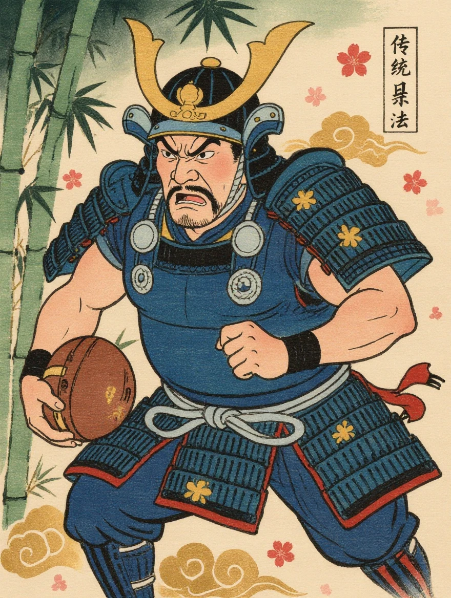 Kling Image V3 Edit: A powerful sumo-built samurai warrior running through a bamboo
forest carrying a war drum under his right arm