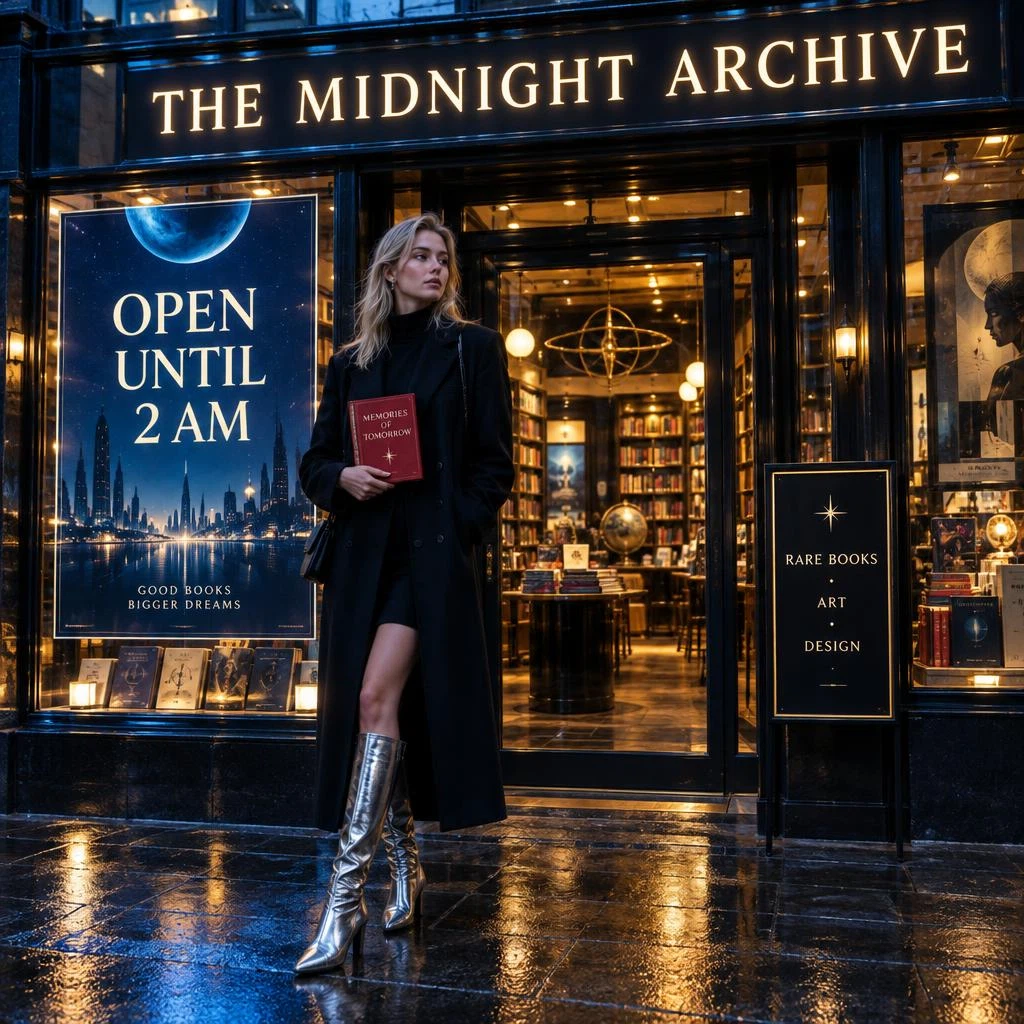 GPT Image 2.5 Flare Text-to-Image: A stylish young European woman standing in front of a premium retro-futuristic bookstore at night, wearing a s