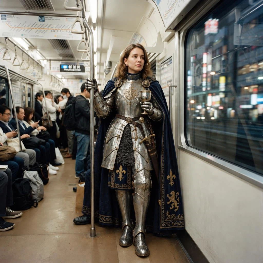 GPT Image 2.5 Sunburst Edit: Transform the woman into a medieval knight displaced in the modern world while preserving her exact face, post