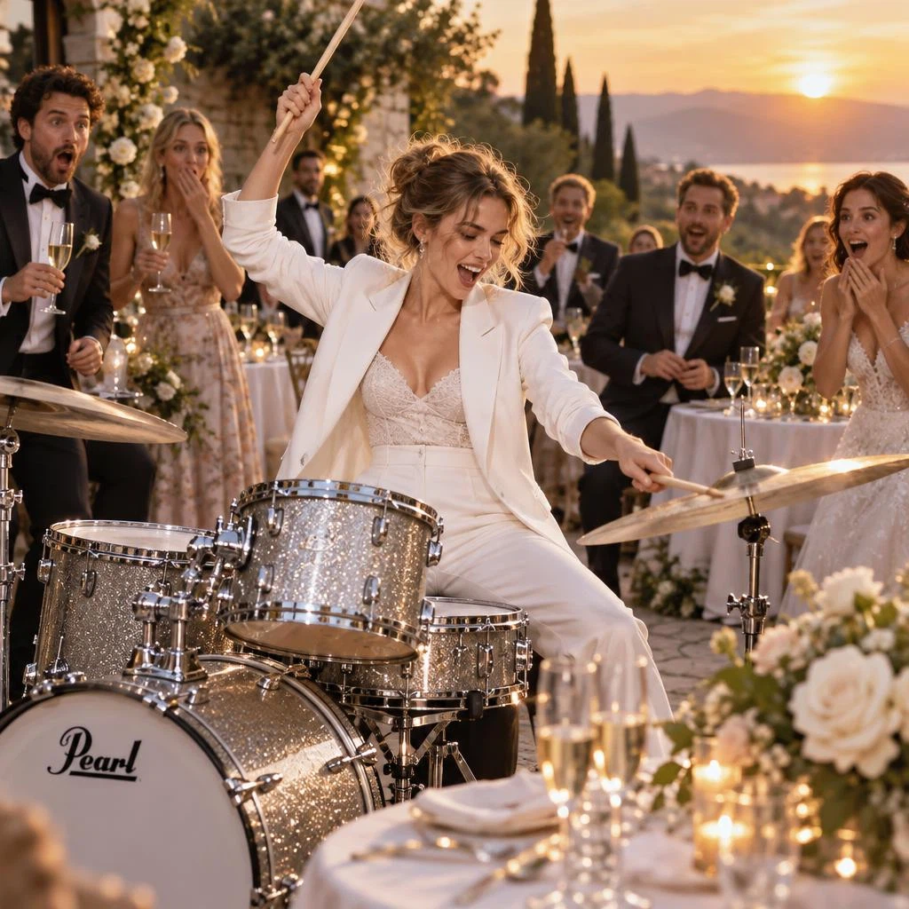 GPT Image 2.5 Sunburst Text-to-Image: A cool young European woman in a sharp white suit performing an energetic drum solo in the middle of an elegan