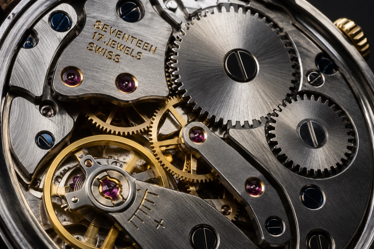GPT Image 2.5 Sunburst Text-to-Image: Extreme macro photograph of an open mechanical wristwatch movement, intricate gears and jewels, brushed steel