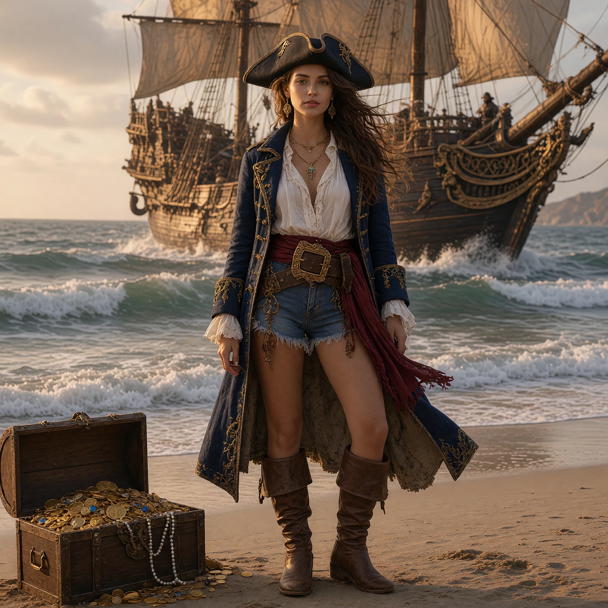 Grok Imagine Image V2.0 Edit: Transform her into a stylish pirate captain while preserving her face and overall stance. Replace the outfit w