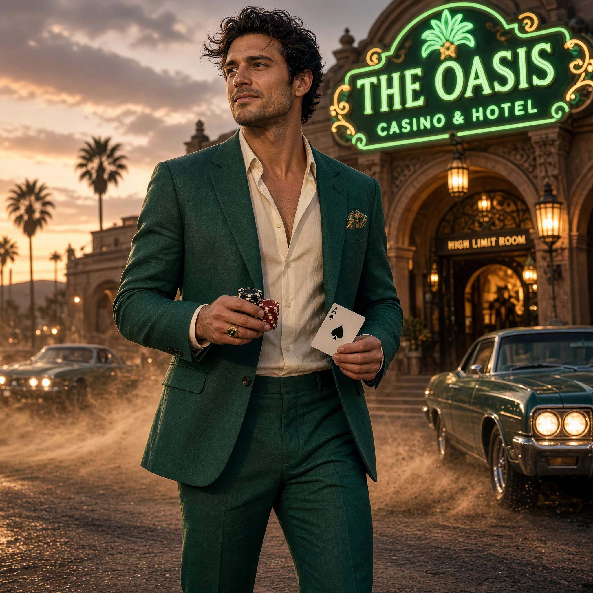 Grok Imagine Image V2.0 Text-to-Image: A charismatic foreign man in his early thirties standing outside a luxurious desert casino at dusk, wearing an